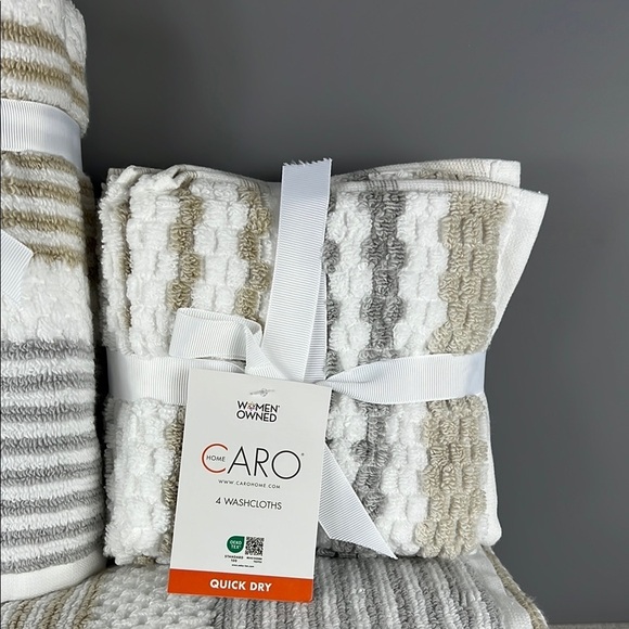 Caro Home Bath Towel Set White Gray Tan Stripe Plush Bath Hand Wash 8 Pc NEW - Picture 5 of 8